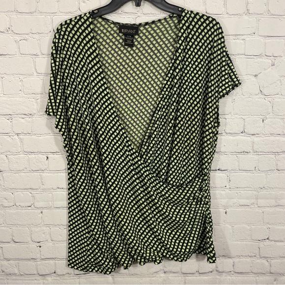 Lane Bryant Womens Shirt 14/16 Black Green Print Faux Wrap Short Sleeve Stretch - Picture 1 of 4